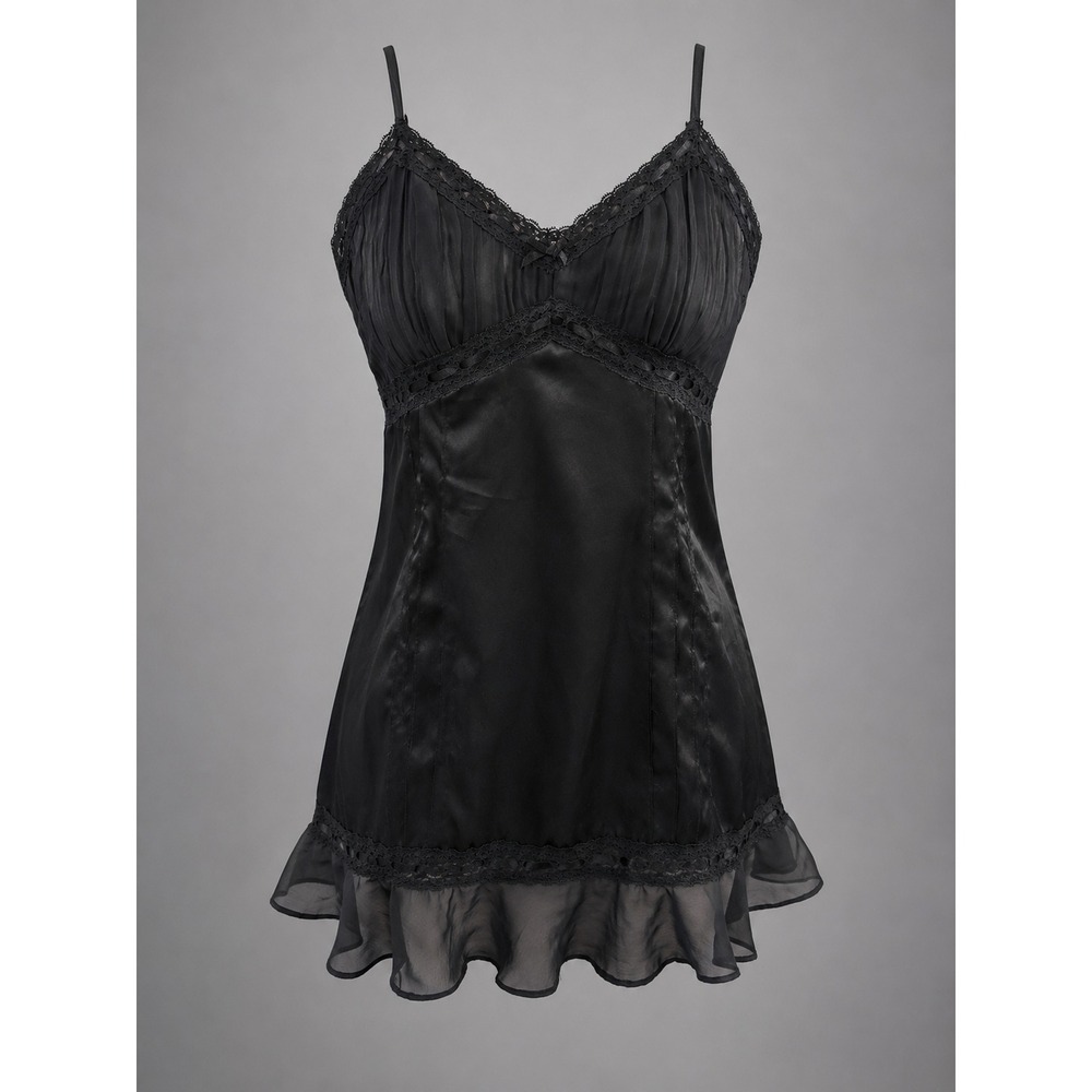 Valerie Stevens Black Satin Lace Chemise Babydoll Slip Lingerie Ruffle Hem M